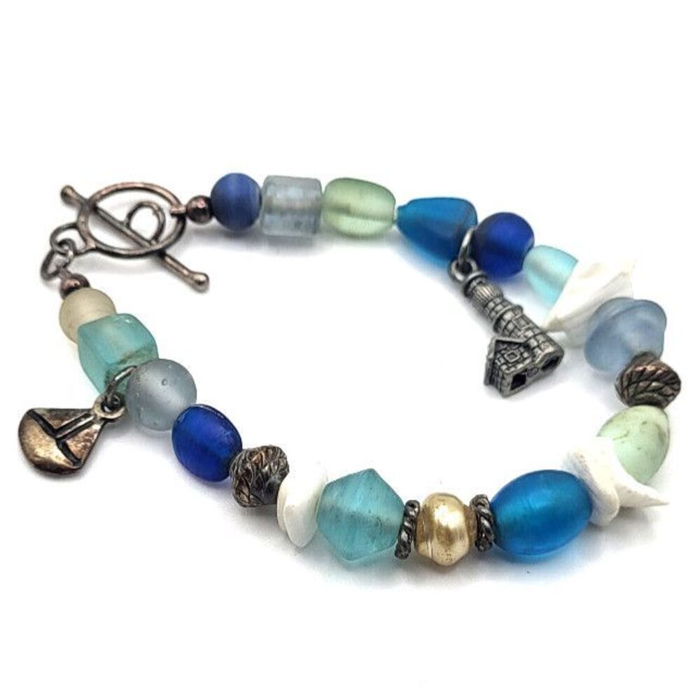 Vintage Blown Glass Beach Charm Bracelet Seaglass Shell 7.5in